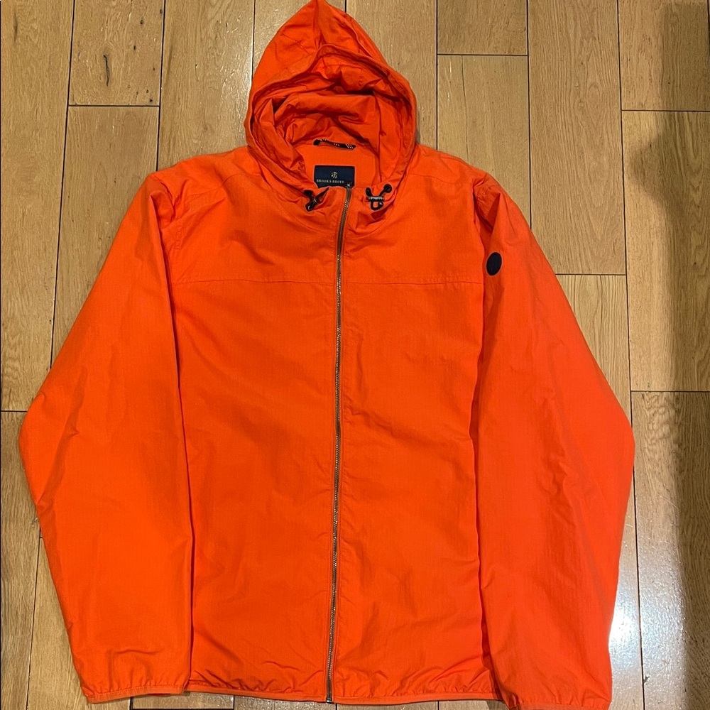 Brooks Brother’s Men's Bright Orange Hooded Rain Jacket, Size XL